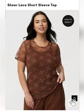 torrid Brown Sheer Floral Lace Short Sleeve Top